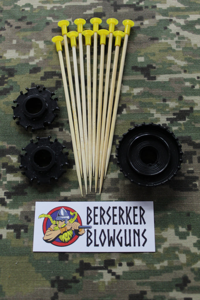 10 - .40 cal 5" Bamboo Wooden Spear Darts Yellow with 3 Pc. Quiver Set by Berserker Blowguns - Berserker Blowguns